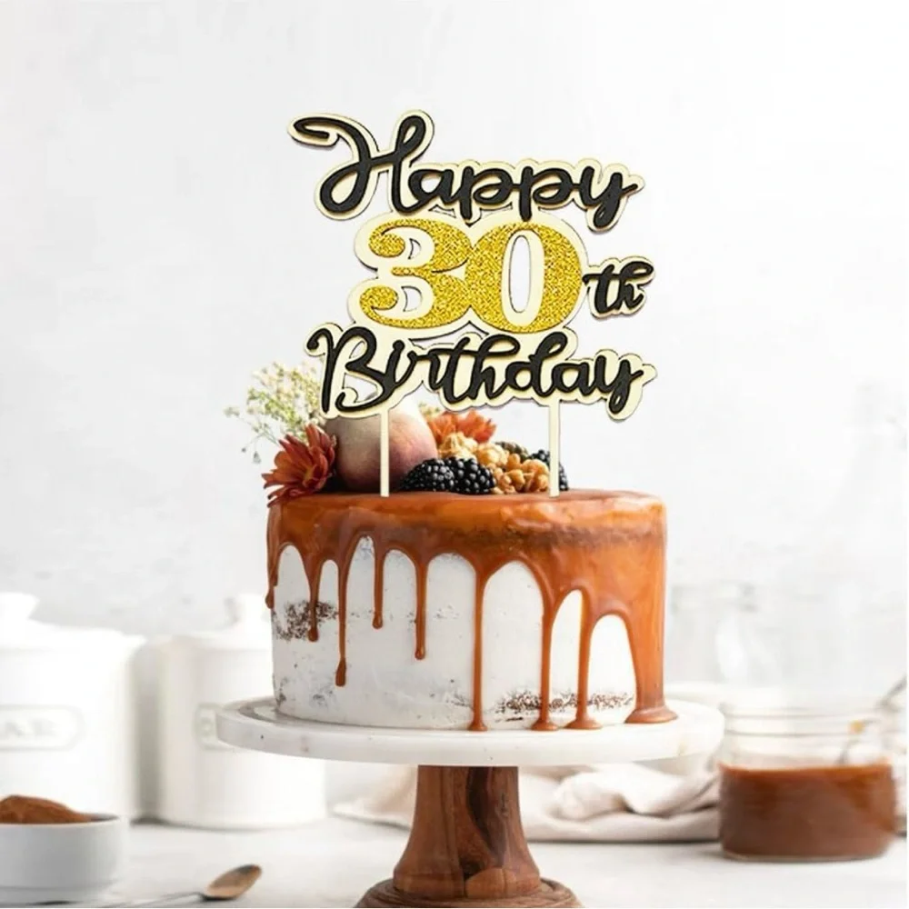 Gold and Black Happy 30th Birthday Cake Topper
